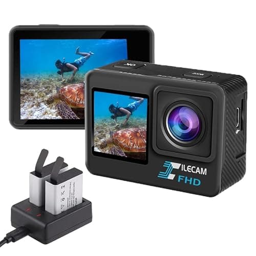 Xilecam Action Cam a Doppio Schermo Fotocamera Impermeabile WiFi 1080P 4*Zoom Macchina Fotografica Subacquea da 131 Piedi (40 m) con Batteria 2X 1050 mAh e Accessori Multifunzionali (L300)