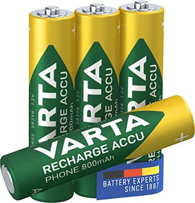 VARTA Pile AAA, ricaricabili, confezione da 4, Recharge Accu Phone, batteria ricaricabile, 800 mAh Ni-MH, pronte all'uso, adatte per telefoni cordless