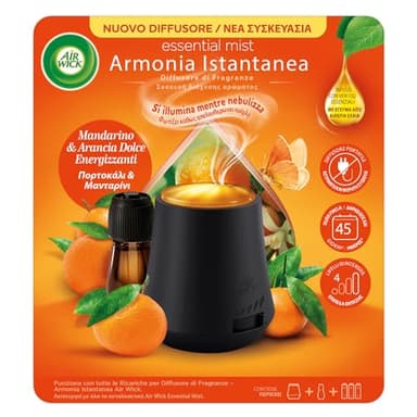 Airwick Armonia Istantanea Profumatore per Ambienti, Confezione con 1 Diffusore di Oli Essenziali e 1 Ricarica per Diffusore di Oli Essenziali alla Fragranza di Mandarino e Arancia Dolce Energizzanti