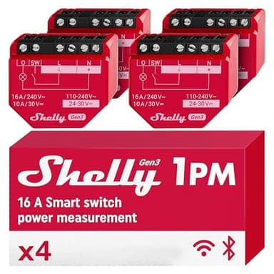 Shelly 1PM Gen3, Interruttore Relé WiFi & Bluetooth, 16А, Monitoraggio del Consumo, Controllo Remoto e Automazione, Misuratore di Potenza, Illuminazione Intelligente, Senza Hub, Domotica (4 Pezzi)
