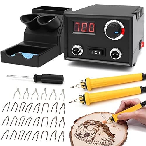 Macchina per Pirografia, Luriseminger 60W Pirografo per Legno Professionale Digitale Temperatura Regolabile 0-700 ℃ Pirografia Legna 2 Penne 30 Teste di Penna per Legno, Pelle, Zucca