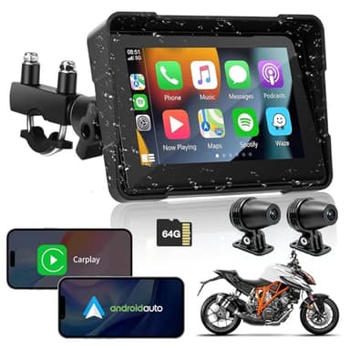 Moto Car-play & Android Auto, Euakee 5 Pollici Impermeabile Touch Screen Car-play, Portatile Wireless Moto GPS Sistema di Navigazione, Controllo Vocale / 1000 Nit, Staffe di Montaggio Incluse