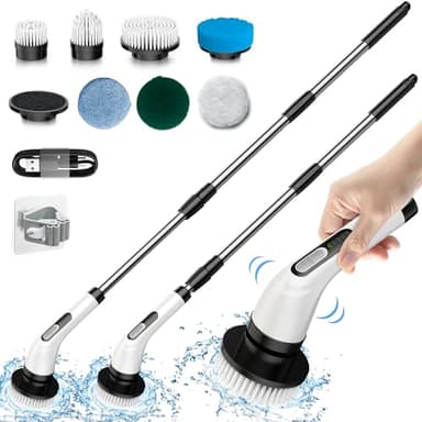 Spazzola Rotante Pulizia Elettrica, Temodu Spazzola Rotante Pulizia Casa, Electric Spin Scrubber con Regolabile 7 Teste Di Foratura Intercambiabili per bagno/vetro/Piastrelle/Pavimento