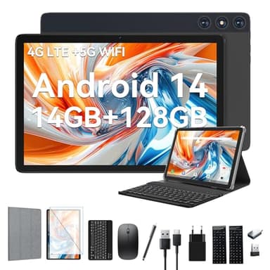 Tablet Android 14 da 10 pollici, 4 G LTE con 2 slot SIM 1 SD, 5 G Wifi Tablet PC con 14 GB + 128 GB (1TBTF), tablet 3 in 1 con tastiera, mouse Octa-core, 1080FHD, 13 MP + 8 MP, 7000 mAh, tipo C,