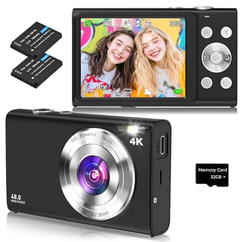 Macchina Fotografica Digitale Fotocamera Compatte con scheda da 32GB, 48M 4K HD Fotocamera con Zoom Digitale 16X, Ricaricabile Macchina Fotografica per adolescenti, adulti, principianti（Nero）