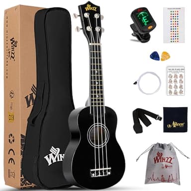 Winzz Ukulele Soprano Adulti, Ukulele Bambini Legno, 21 Pollici Ukulele Principianti, Nero Ukulele Scuola Media Kit con 9 Accessori, Adesivo per Tastiera, Carta degli Accordi