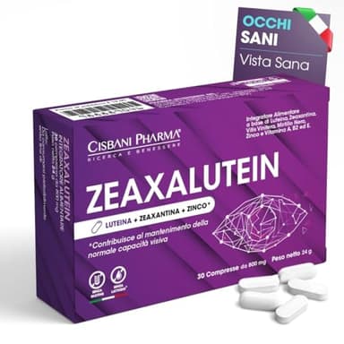 CISBANI PHARMA Zeaxalutein - Integratore Occhi 800mg ad Alto Dosaggio con Luteina e Zeaxantina, Mirtillo Nero, Zinco, Vitamine A, B2, E - Antiossidante Naturale, 30 compresse