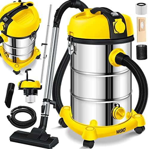 Masko® Aspirapolvere Industriale, in Acciaio Inox, 2300 W + Presa di Corrente, aspirazione a Secco e a Umido, Funzione di soffiaggio, Push&Clean, con e Senza Sacchetto, Giallo