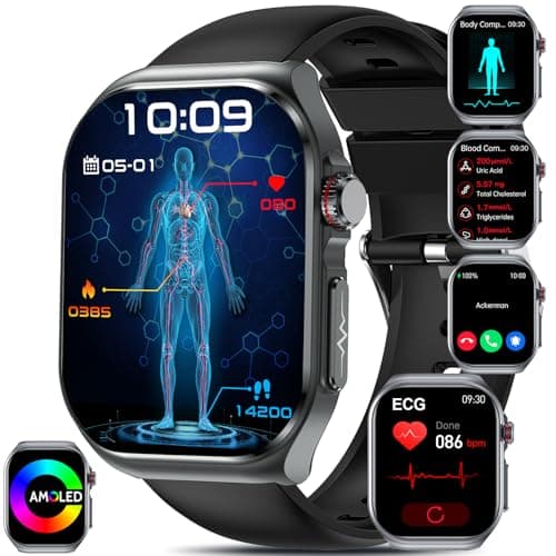 Smartwatch Uomo donna ECG/HRV/Lipidi/Acido Urico/BMI/Sonno,2.04"AMOLED 𝐆li𝐜𝐞𝐦𝐢𝐚 Orologio Fitness Chiamate,24h Pressione/Cardiofrequenzimetro/Pulsante SOS/Temperatura Corporea Android iOS(Nero)