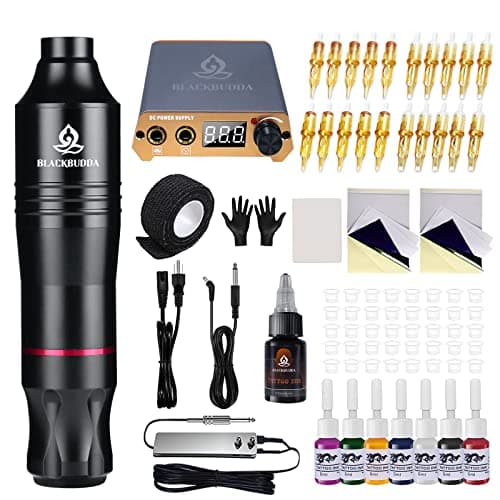 Macchinetta Rotativa Tatuaggi, Blackbudda Kit con Alimentatore Cartuccia di Pigmenti Colorati Professionale Completo, 20 Aghi Tattoo