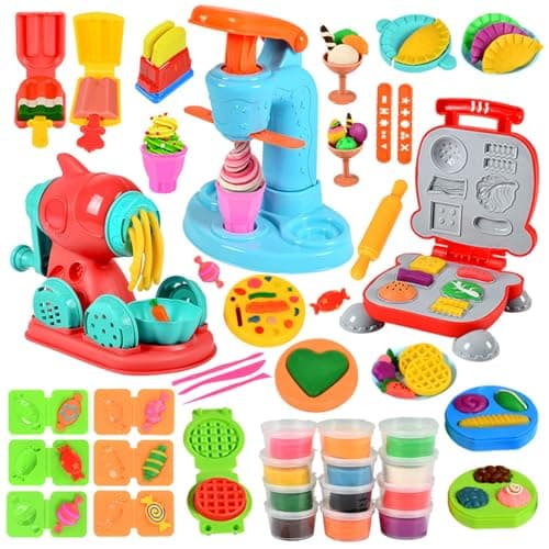 JurciCat Set Di 51 Pezzi DIY Accessori Per Modellare Plastilina Per Bambini Burger Maker Pasta Maker Gelatiere Argilla Accessori Impastare Giocattolo Regalo Per 3+ Anni Ragazza E Ragazzo
