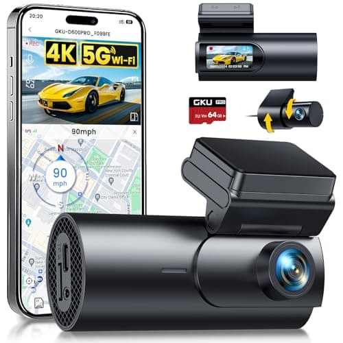 GKU 4K Dash Cam Auto, 5GHz WiFi e GPS, Doppia Telecamera per Auto, Mini Dashcam IPS 1.5" con Scheda SD 64G, 24H Monitor di Parcheggio, Visione Notturna, WDR, Grandangolo 170°, Sensore G, Controllo App