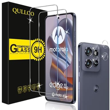 QULLOO Vetro Temperato per Motorola Moto Edge 50 Neo, 2 Pezzi Pellicola Vetro Protettiva e 2 Pezzi Pellicola Fotocamera, Durezza 9H Anti Graffio HD Trasparente Vetrino Protezione Schermo