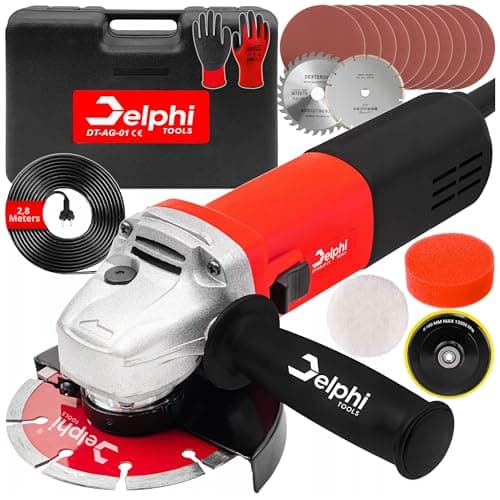 Delphi Tools - Smerigliatrice angolare 1500 W, 125 mm, controllo della velocità, valigia, dischi da taglio e accessori, Soft Start