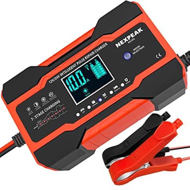 Carica Batterie per Auto, Caricabatteria da Auto 12V / 24V 10A Multi Protezioni Caricabatteria e Mantenitore,Intelligente Touch Schermo LCD Caricabatteria Completamente Automatico (Rosso)