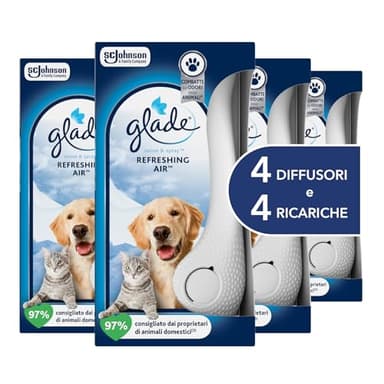 Glade Sense & Spray Profumatore per Ambienti con Olii Essenziali e Sensore di Movimento, Fragranza Refreshing Air, Elimina gli odori degli animali domestici, 4 Diffusore e 4 Ricariche, 8 Pile AA