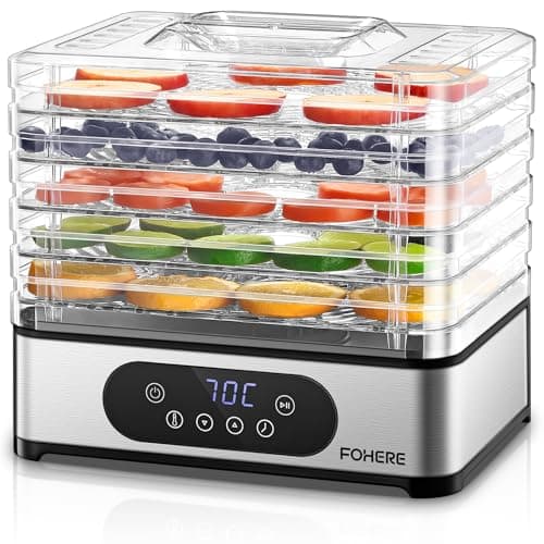 FOHERE Essiccatore Alimentare, 420 W, Essiccatori per Alimenti con 5 livelli, Temperatura 30°C/70°C, impostazione manuale di tempo e temperatura, Essiccatore per Frutta, Verdura, Carne, Senza BPA.