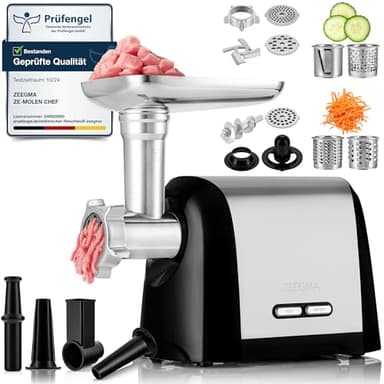 ZEEGMA Molen Chef Tritacarne Elettrico Per Carne, 1900 W, con 3 piastre di molatura in acciaio inox, 1,8 kg/min, Macchina Per Salsicce, Kubbe, Sminuzzamento, Funzione REV, Kit di accessori (Argento)