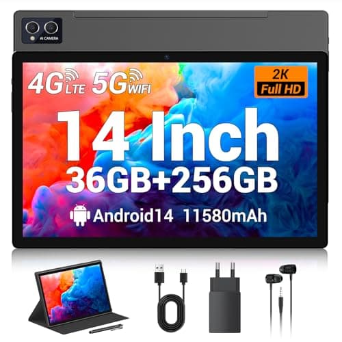 TIGERFU Tablet 14 Pollici, Android 14 Tablet con Sim, 36GB RAM+256GB ROM(TF 1TB), 4G LTE+5G/2.4G WiFi,Octa-Core,8MP+13MP,11580mAh, 1920*1200 FHD, Faccia ID, 4 Speakers, Tab con Penna/Custodia - Grigio