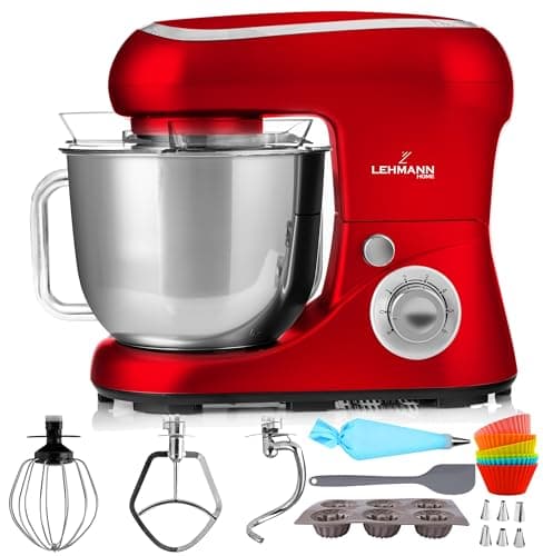 Lehmann Impastatrice planetaria, 2200 W, Robot da cucina multifunzione planetaria 5 litri con ciotola in acciao inossidabile, 6 Velocità, Pulse, 3 Ganci di Miscelazione (Rosso)