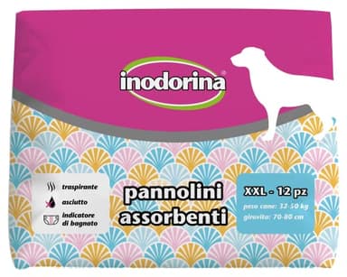 Inodorina, Pannolini Assorbenti Usa e Getta, Tecnologia Traspirante e Indicatore di Bagnato, con Buco per la Coda e Alette Lunghe, per Cani con Peso da 32-50 kg, Taglia XXL, 12 pezzi