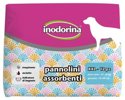 Inodorina, Pannolini Assorbenti Usa e Getta, Tecnologia Traspirante e Indicatore di Bagnato, con Buco per la Coda e Alette Lunghe, per Cani con Peso da 32-50 kg, Taglia XXL, 12 pezzi