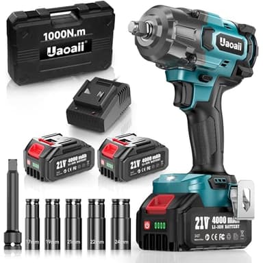 Uaoaii Avvitatore A Impulsi Brushless 1/2" 1000Nm Chiave ha Urto Elettrica Batteria 4000mAh Adattatore Avvitatore a Percussione 5 Bussole incluse Potenza e Facilità per Avvitare e Svitare