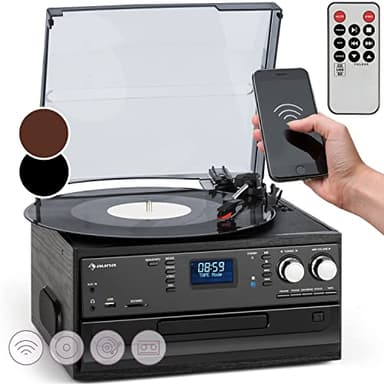 Auna Giradischi Bluetooth per Dischi in Vinile a 3 Velocità di Riproduzione, Vintage, con Casse Stereo, AUX, con Jack per Cuffie e Lettore CD