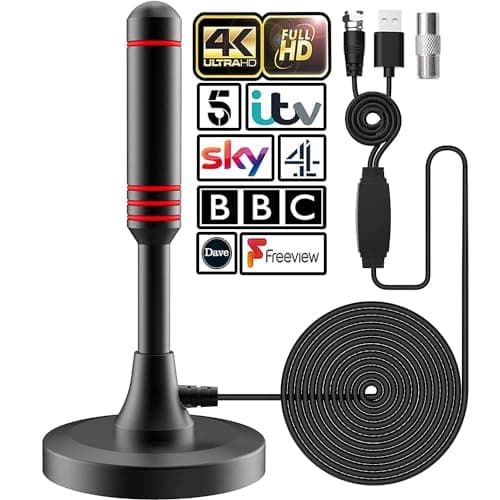 Antenna TV Interna, Antenna TV Interna HDTV Digitale 500+ Miglia Amplificata con Base Magnetica/Amplificatore di Segnale Support 4K HD/1080P/VHF/UHF per Home Smart Televisione/Radio, Cavo Coassiale 5M