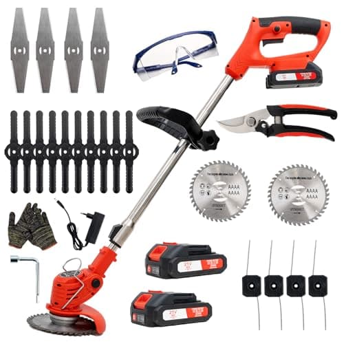 Decespugliatore Elettrico a Batteria, Tagliabordi a Batteria Brushless con 2 Batterie 21V, 4 Tipi lame + 1 forbice, altezza e angolazione regolabili, decespugliatore per falciare prati