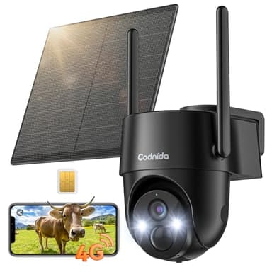 Codnida 4G LTE Telecamera Esterno con Scheda Sim, 2K Telecamera con Pannello Solare, PTZ Videocamera Sorveglianza Esterno, Audio Bidirezionale, Rilevamento del Movimento, Visione Notturna a Colori