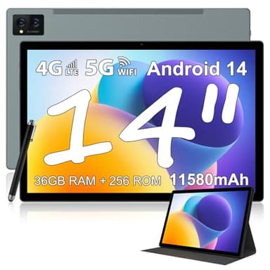 MIXLURE 14 Pollici Android 14 Tablet, 36GB RAM+256GB ROM, 2000 * 1200 incell FHD/11580mAh y 12W/Widevine L3/Face ID/5G WiFi/SIM Support/BT 5.0/GMS/TÜV/Tablet con custodia e stilo, Grigio