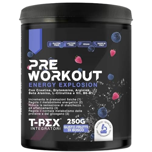 T-Rex Integratori Pre Workout, Energy Drink Potente con Creatina Monoidrata, Bcaa, Arginina, Beta Alanina e Vitamine - Senza Caffeina, 250 g (250 g (Confezione da 1), Frutti di Bosco)