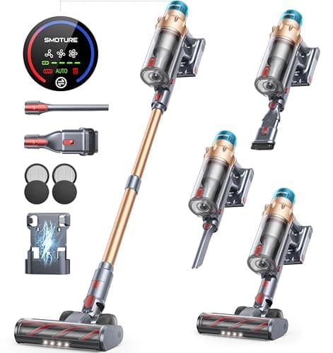 Aspirapolvere Senza Fili Potente 45KPa/550W, Scopa Elettrica Senza Fili con Autoportante, 60Mins di Durata Modalità Automatica e Ricarica a Parete, LED Touchscreen per Pavimenti Tappeti Peli Animalili