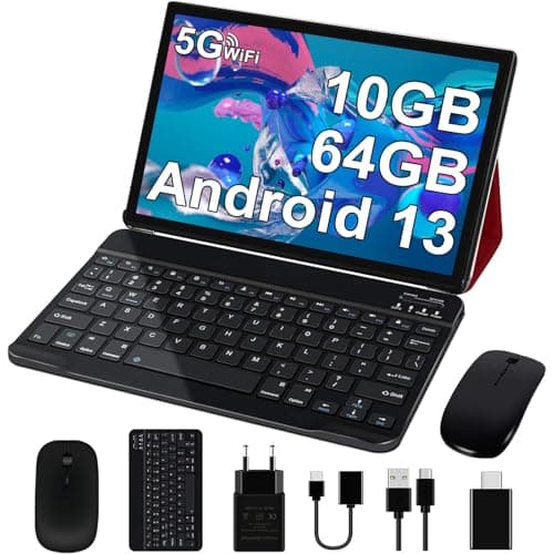GOODTEL Tablet Android 13 da 10 pollici 10GB RAM + 64GB ROM (1TB TF) Quad-Core con |5G + 2.4G WiFi |GPS |Bluetooth 5.0 |8MP + 5MP, Touch Tablet con custodia, tastiera e mouse - Rosso