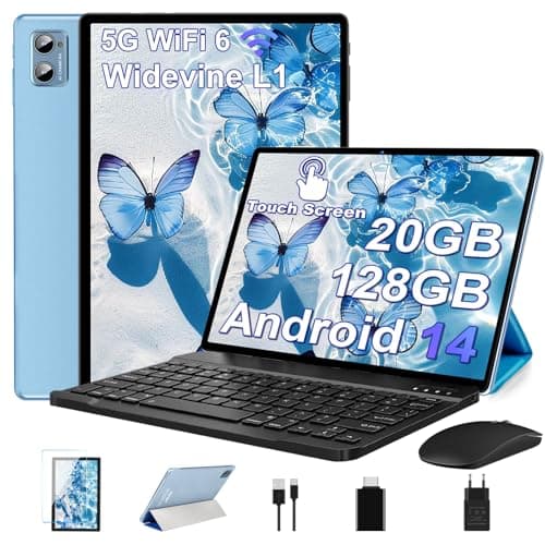 DEERTiME 2025 Newest Tablet 10 Pollici 20GB RAM+128GB ROM(TF 2TB), Android 14 Tablets Octa Core, 5G+2.4G Wi-Fi 6, 1280 * 800 FHD, BT5.0, 8+5MP, Cast, Widevine L1, GMS Tablet con Tastiera e Mouse, Blu