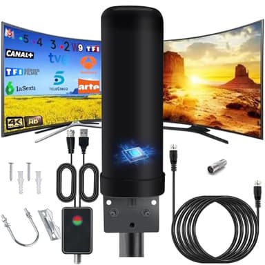 Antenna TV Esterni Interni, IP66 Antenna DVB-T DVB-T2 Ricezione Del Segnale a 360 Gradi con Amplificatore Segnale, Cavo Coassiale da 13m e Protetto Dai Fulmini per FM, VHF, UHF 1080P 4K VHF DTMB
