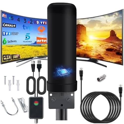 Antenna TV Esterni Interni, IP66 Antenna DVB-T DVB-T2 Ricezione Del Segnale a 360 Gradi con Amplificatore Segnale, Cavo Coassiale da 13m e Protetto Dai Fulmini per FM, VHF, UHF 1080P 4K VHF DTMB