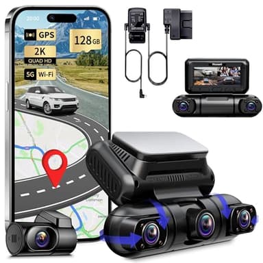 Rhorawill 4 Canali Dash Cam,Rotazione a 360° anteriore posteriore all'interno sinistra destra Dashcam Auto,Radar rilevamento del movimento modalità parcheggio,5G WiFi GPS,3" Libero 128GB,Hardwire Kit