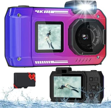 Fotocamera digitale 4K 33FT con scheda 64G, fotocamera subacquea da 48 MP, impermeabile, robusta, antipolvere, antiurto, per snorkeling, immersioni, selfie, doppio schermo, punto e fotocamera digitale