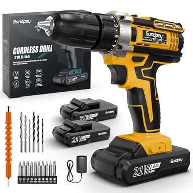 Sundpey Trapano Avvitatore Batteria 21V - Avvitatore a Batteria con 2 Batterie da 2.0Ah, 45Nm Max, 18+1 Coppia, 10mm Mandrino Trapano, Led Luce, 2 Velocita, 21pcs Avvitatore Elettrico Per Fai da te