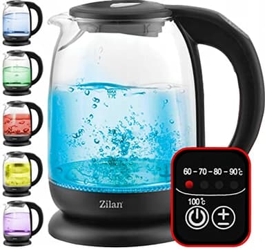 Zilan, Bollitore con corpo in vetro borosilicato alto, Spegnimento automatico con Led con Diversi Colori dei LED, 1,7Lt, 5 diverse impostazioni di temperatura, Bollitore cordless 360° , 2200W,