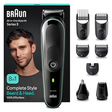 Braun REGOLABARBA Tagliacapelli Uomo, Rasoio Elettrico Barba e Capelli, 8-In-1 Styling Kit Ideale per Barba, Capelli, Naso e Orecchie, 80 Minuti Di Utilizzo Senza Fili, Idea Regalo, MGK3441