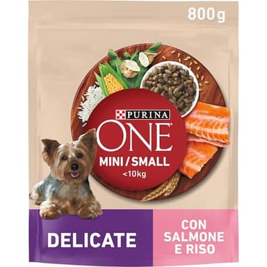 PURINA ONE Mini Small Delicate Crocchette per Cani Adulti con Salmone e Riso, 8 x 800g