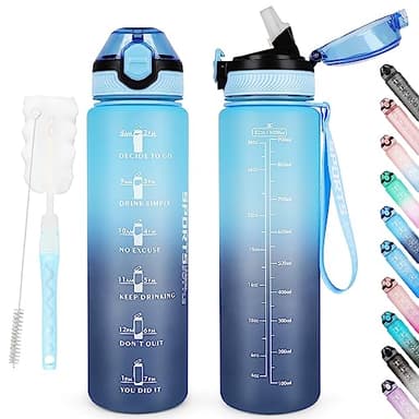 AOHAN Borraccia sportiva senza BPA da 1 l, con cannuccia, lavabile in lavastoviglie, bottiglia d'acqua motivazionale a tenuta stagna con indicazione del tempo, non tossica per mensa (Blu Foschia)