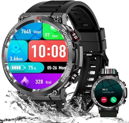 IOWODO Smartwatch Uomo,Orologio Fitness Chiamate Bluetooth,Smart Watch Militari Tracker con Cardiofrequenzimetro,SpO2, Monitoraggio del Sonno,100+ modalità Sport Compatibile Android iOS (2 Cinturini)