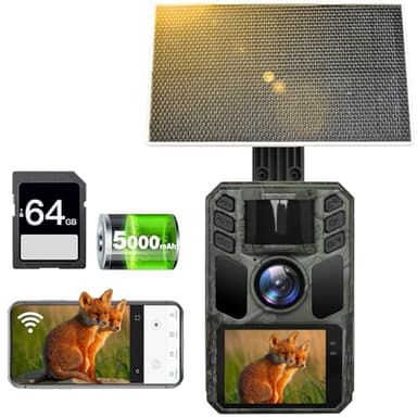 FKPCAM 4K 64MP Fototrappola Solare WiFi, con Batteria al Litio Ricaricabile Integrata da 5000mAh con scheda SD da 64 GB, IP67 Impermeabile,Infrarossi Invisibili con Velocità di Trigger 0.1s,130°Angolo