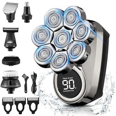 ETENTOUS Rasoio Testa Calva 6 in 1 Rasoio Elettrico Testa Calva 8D,Impermeabile IPX7, Rasoio per Capelli con Display LED e Detergente Barba e Viso, Kit Rasoio Capelli Uomo