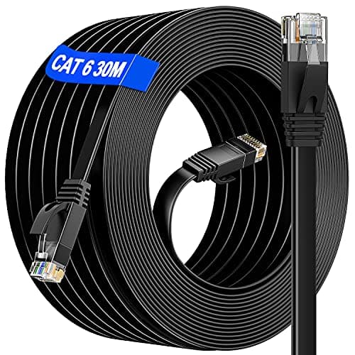 Cavo Ethernet 30 Metri, Cat 6 Cavo di Rete Lan ad Alta Velocità Piatto Gigabit Cavo Internet 30 metri -10/100/1000mbit/s Lungo Rj45 Cavo di Rete 30m esterno da Impermeabile per Switch Router(30 Clips)