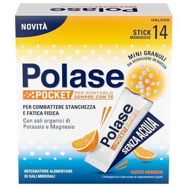 Polase Pocket, Integratore Alimentare di Magnesio e Potassio da Assumere Senz'acqua, Contro Stanchezza e Fatica, Caldo, Gusto Arancia, 14 Stick orosolubili